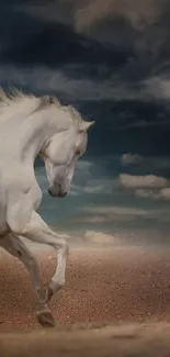 White horse running on the beach with a dramatic cloudy sky.