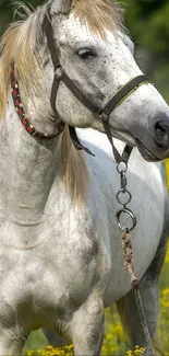 Majestic white horse in vibrant yellow meadow.