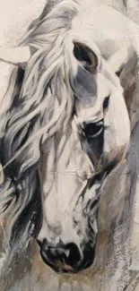 Artistic depiction of a graceful white horse with flowing mane.