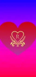 Red heart with gold letter on gradient background.