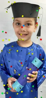 Excited child in graduation robes with colorful confetti backdrop.