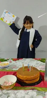 Child celebrating graduation with cake and colorful decorations.