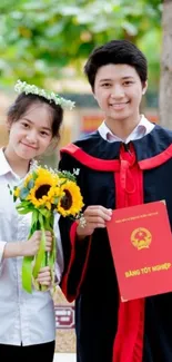 Graduation-themed wallpaper with smiling students and nature.