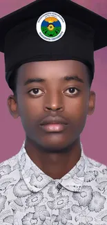 Young graduate against a purple backdrop, wearing a black cap and floral shirt.