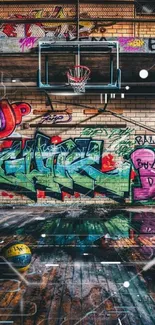 Graffiti-covered basketball court wallpaper.