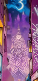 Graffiti cityscape with clock tower and crescent moon.