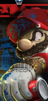 Graffiti-style wallpaper with gaming character in red cap.