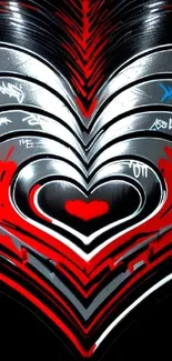 Graffiti heart design with red, black, and silver on mobile wallpaper.