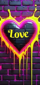 Graffiti heart with love text on a vibrant neon brick wall.