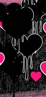 Graffiti heart wallpaper with pink accents on black.