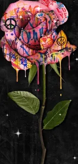 Vibrant graffiti rose with artistic drips on dark background for mobile wallpaper.