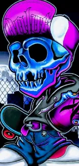 Graffiti skull in neon colors with urban street art style for mobile wallpaper.