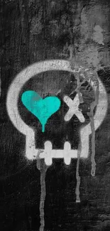 Graffiti skull with a teal heart on a dark wall background.