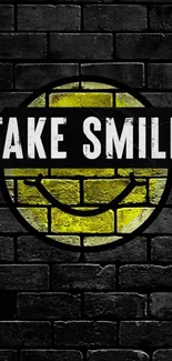 Yellow graffiti smiley on dark brick wall with 'fake smile' text.