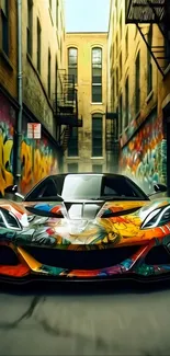 Sports car with graffiti art in a vibrant urban alleyway.