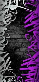 Graffiti wallpaper with black bricks and purple accents.