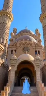 Majestic architectural structure with towers and blue sky.