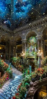 A grand staircase with colorful flowers inside a stunning, ornate building.