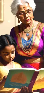 Grandmother in purple sari reading to child, showcasing cultural heritage.