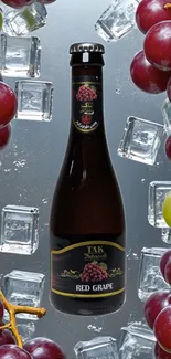 Bottle surrounded by grapes and ice cubes on mobile wallpaper.