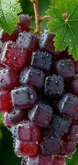 Closeup of dew-covered grapes with green leaves.