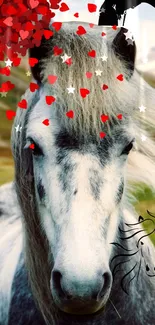 Grayscale horse with red and white hearts on a mobile wallpaper.