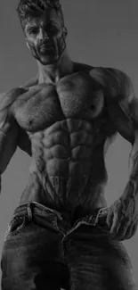 Grayscale artistic wallpaper with muscular male figure.