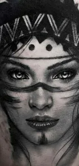 Grayscale tribal portrait art with intricate patterns.