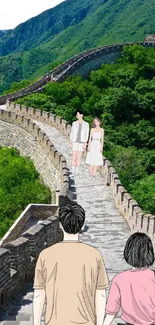 Cartoon couples walking on the Great Wall with lush green scenery.