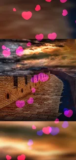 Romantic Great Wall wallpaper with heart overlays and dramatic sky.