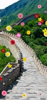 Great Wall of China winding through lush green mountains.