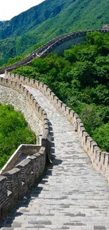 Great Wall of China amidst green mountains.