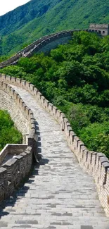 Great Wall of China amidst lush green hills.