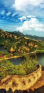 Breathtaking view of the Great Wall amid lush green hills and a clear blue sky.