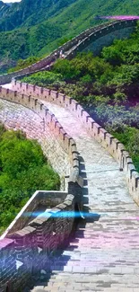 Great Wall of China wallpaper with lush greenery and brick pathway.