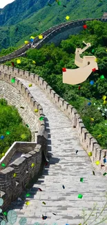 Great Wall of China with vibrant green hills and festive decorations.