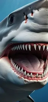 Close-up image of a great white shark with mouth open, showing sharp teeth underwater.