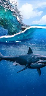 Great white shark swimming in a vibrant blue ocean with waves.