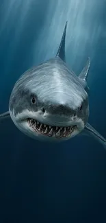 Great white shark swimming in deep sea.