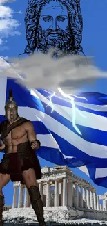 Greek mythology wallpaper with warrior and flag in blue sky.