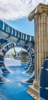 Greek-themed water park with blue skies and playful structures.