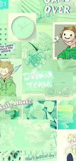 Green aesthetic collage wallpaper with playful elements.