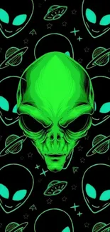 Green alien mobile wallpaper with cosmic patterns and vibrant colors.