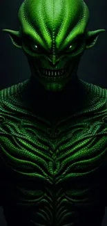 High-definition green alien creature wallpaper in dark theme.