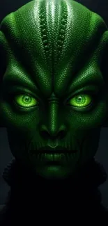 Green alien portrait with glowing eyes in dark mystical background.