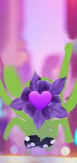 Green abstract figure with purple heart and flower on a dreamy background wallpaper.