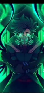 Anime character in neon green with mask and dynamic background.