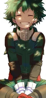 Anime character in green outfit smiling, vibrant design.