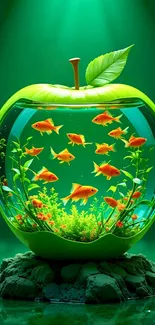 Green apple fish tank with orange fish and plants.