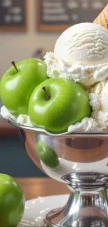 Refreshing green apple ice cream in a bowl with a cone.